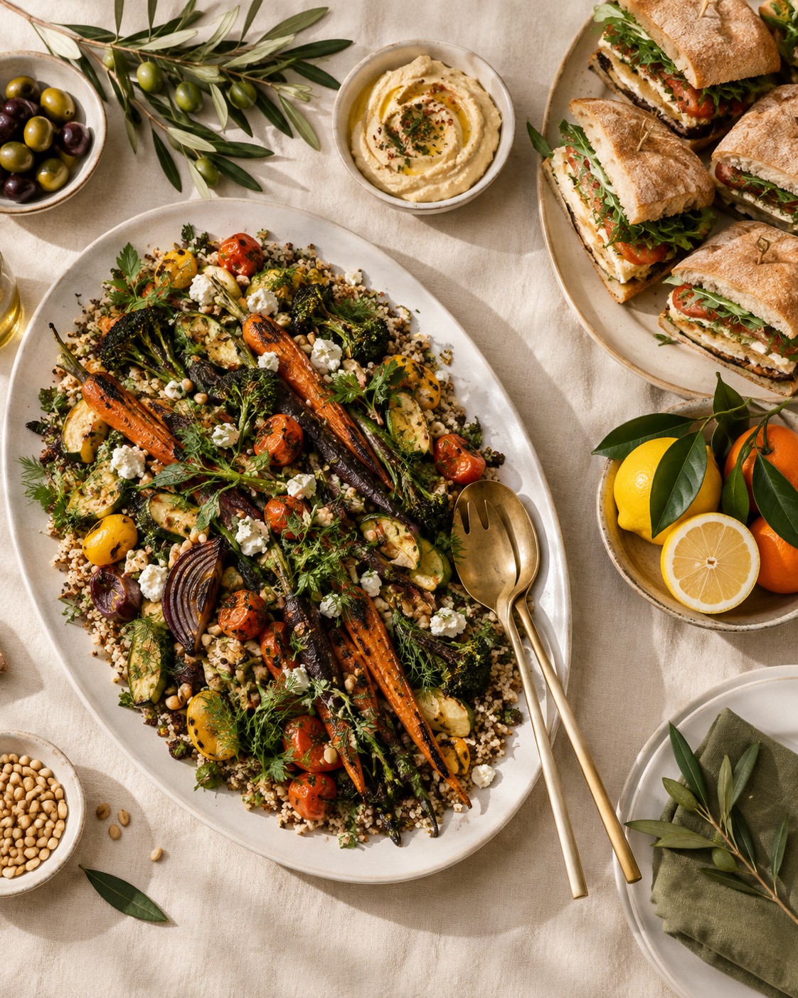 An inviting spread of roasted vegetables, grains, artisan sandwiches, and fresh citrus.